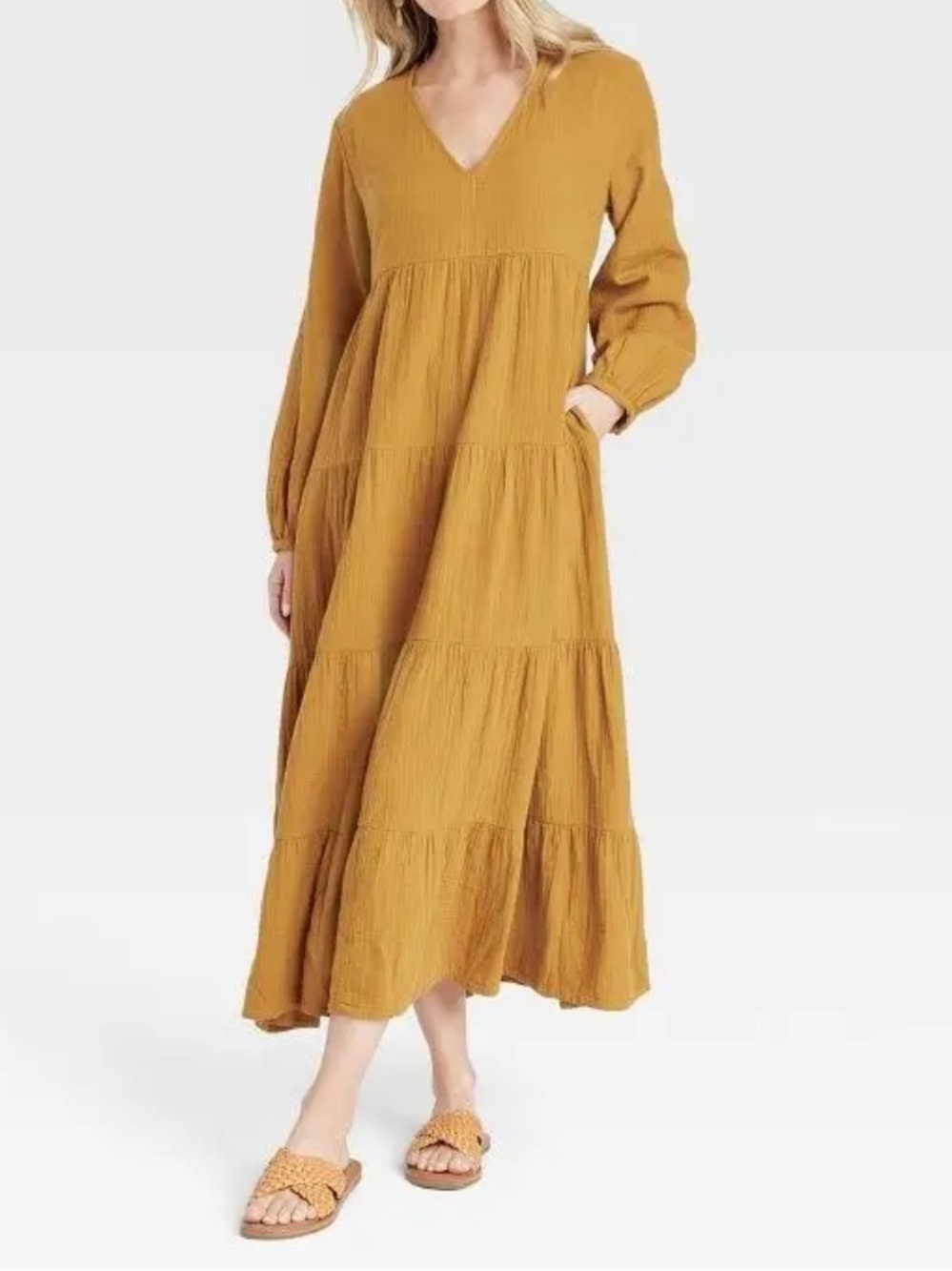 Universal Thread Tiered V-Neck Maxi Dress in Mustard